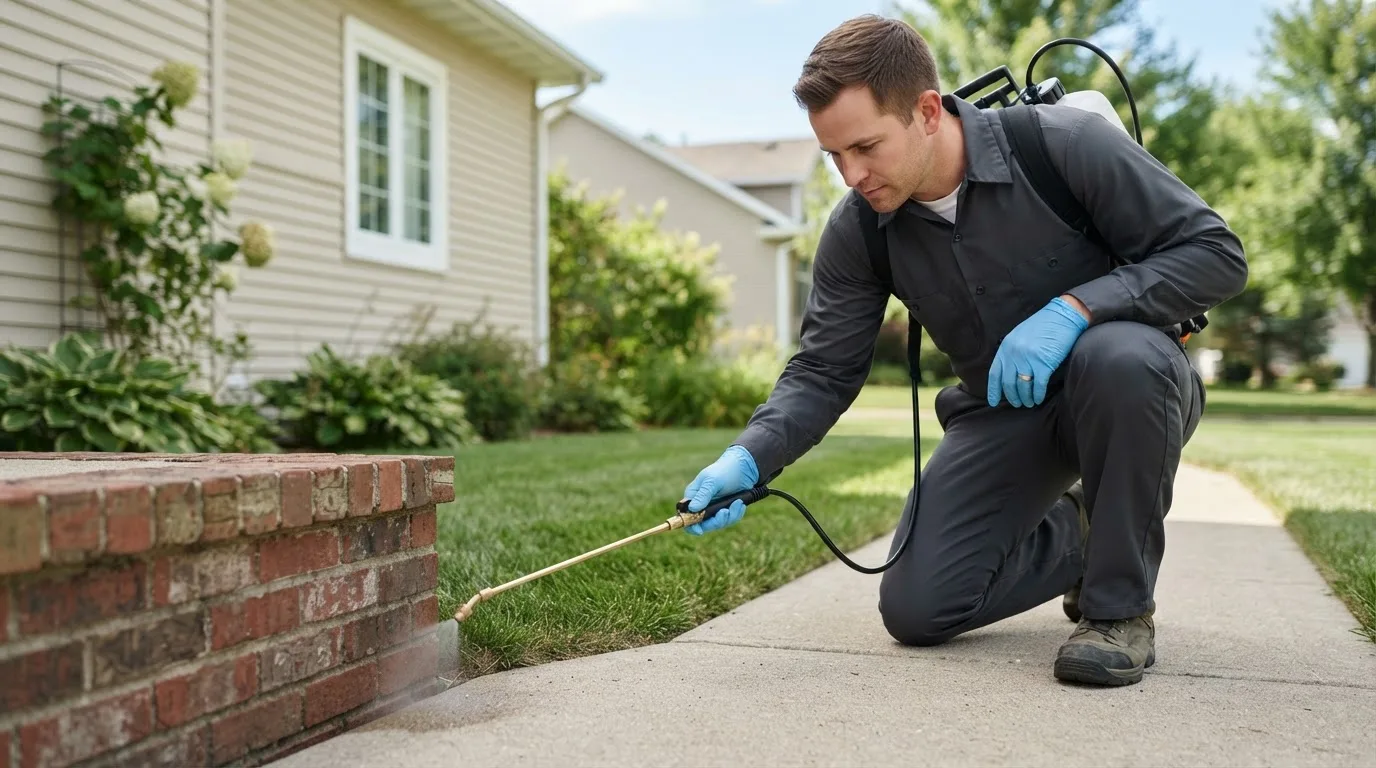 Pest control technician treating a home near Gnadenhutten, OH