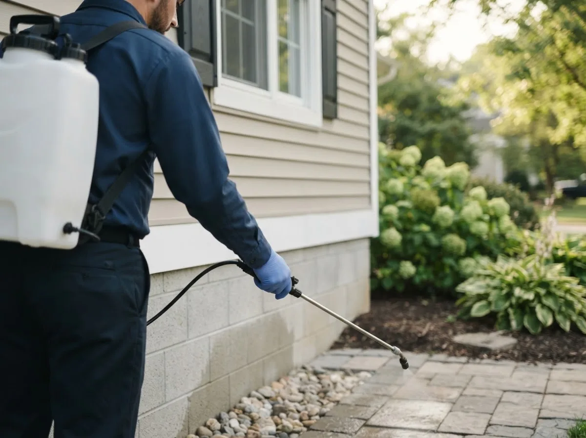 Pest control technician inspecting a home in Gnadenhutten, OH